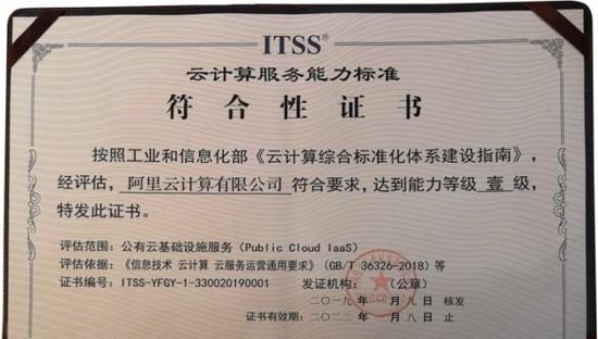 阿里云獲ITSS最高等級認證：公共云、專有云服務能力雙一級